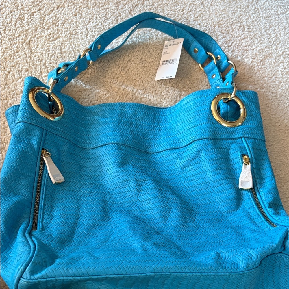 Steve Madden Women’s Large Woven Blue Faux Leather Tote Bag w/Gold Hardware NWT